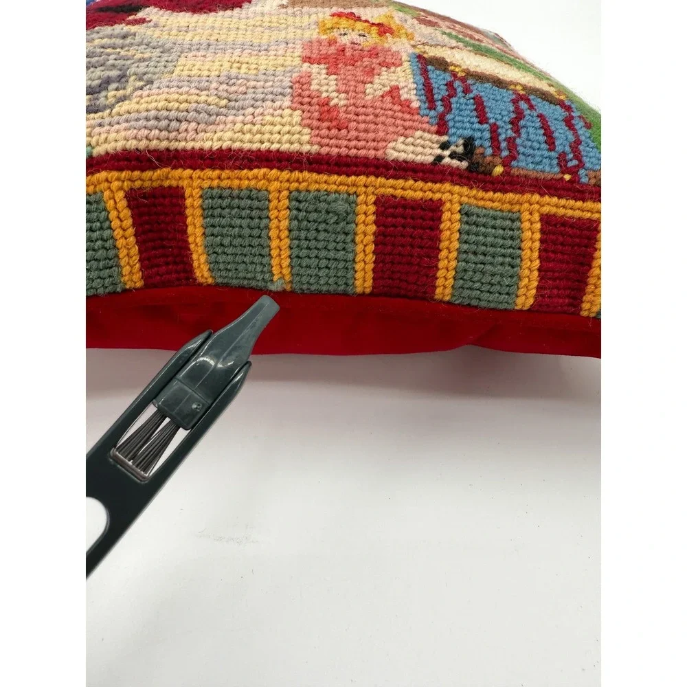 Christmas Needlepoint Throw Pillow Santa Toys Stockings‎ Red Wool Velvet